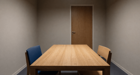 Lege verhoorkamer met een tafel en twee stoelen onder een plafondlamp