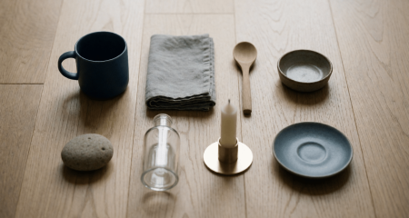 Huisraad in twee nette rijen op een houten vloer