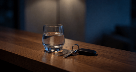 Autosleutels en een glas water op een bartoog 's avonds