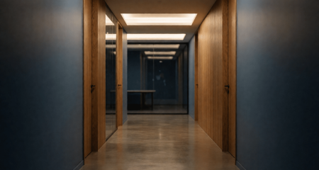 Werkplek in de nachtdienst met verlichting aan en een lege gang