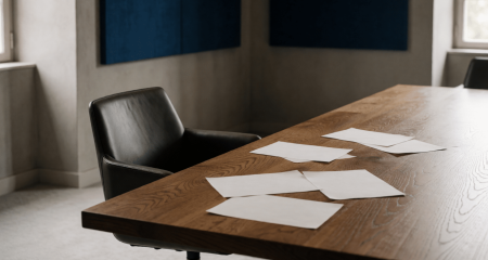 Achteruitgeschoven bestuursstoel bij een tafel met verspreide papieren