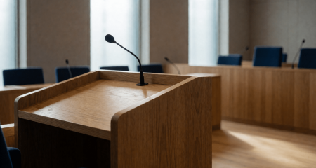 Eikenhouten spreekgestoelte met microfoon in een lege rechtszaal