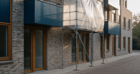 Flatgebouw deels in de steigers met bouwzeil