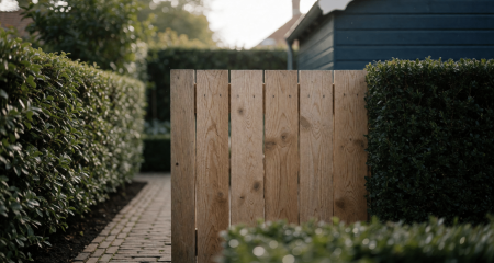 Houten schutting tussen twee achtertuinen met heggen aan weerszijden