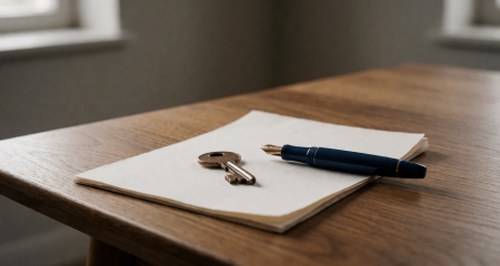 Huissleutel op een opgevouwen document naast een vulpen