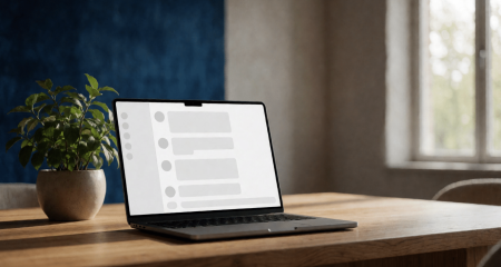 Laptop met een leeg chatvenster op een bureau met een plant