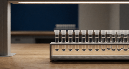 Laboratoriumtafel met verzegelde buisjes in een rek onder koel licht