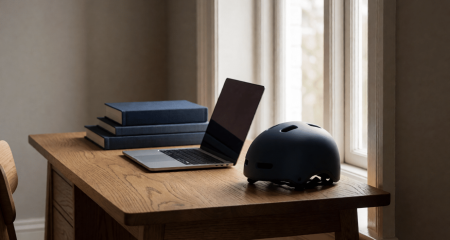 Studentenkamerbureau met studieboeken, laptop en een fietshelm