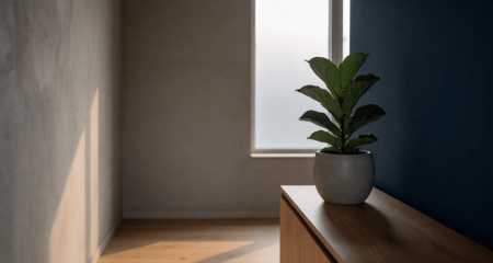 Rustige kantoorhoek met een plant in zacht middaglicht