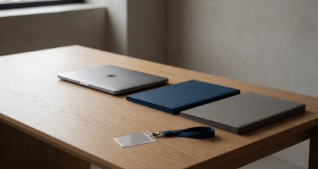 HR-bureau met een laptop, twee mappen en een badgekoord