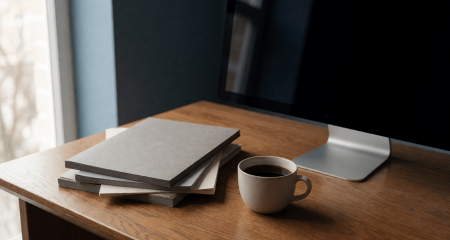 Bureau vol mappen met een onaangeroerde kop koffie bij een donker beeldscherm
