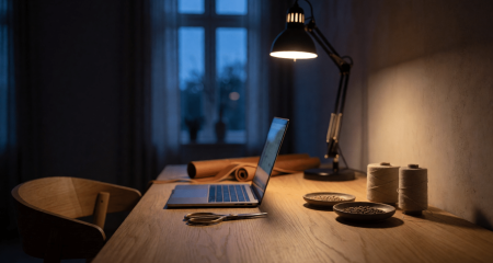 Werkbank thuis met bureaulamp aan, open laptop en knutselmateriaal