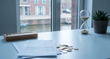 Bureau met papieren, munten en een zandloper voor een raam aan een Nederlandse gracht