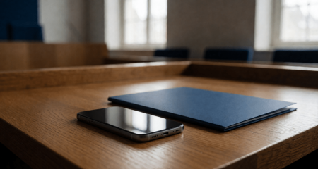 Smartphone met het scherm omhoog op een eikenhouten tafel naast een map