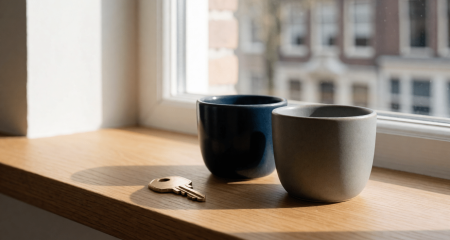 Huissleutel en twee koffiekopjes op een vensterbank
