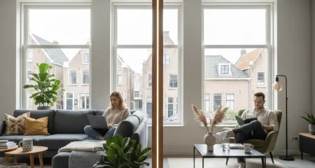 Fotorealistische weergave van een hedendaagse Nederlandse woonkamer die visueel verdeeld is in twee aparte leefzones, symboliserend ex-partners die na scheiding noodgedwongen samenwonen in één woning - een illustratie van het concept woonscheiding door woningmarktschaarste