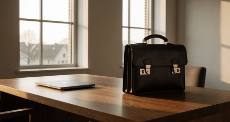 Afgesloten aktetas op een bureau naast een gesloten laptop