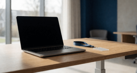 Laptop op een sta-bureau met een leeg scherm en een badgekoord ernaast