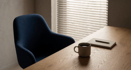 Lege bureaustoel achteruitgeschoven bij een bureau met gesloten jaloezieën
