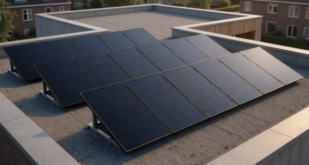 Zonnepanelen op het platte dak van een appartementencomplex